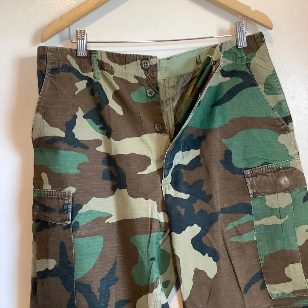 Military Woodland Camo Cargo Pants Mens Medium Long Ripstop Button Fly BDU